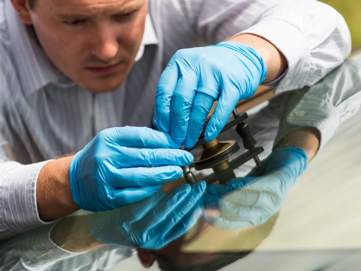 Technician repairing a rock chip in a windshield